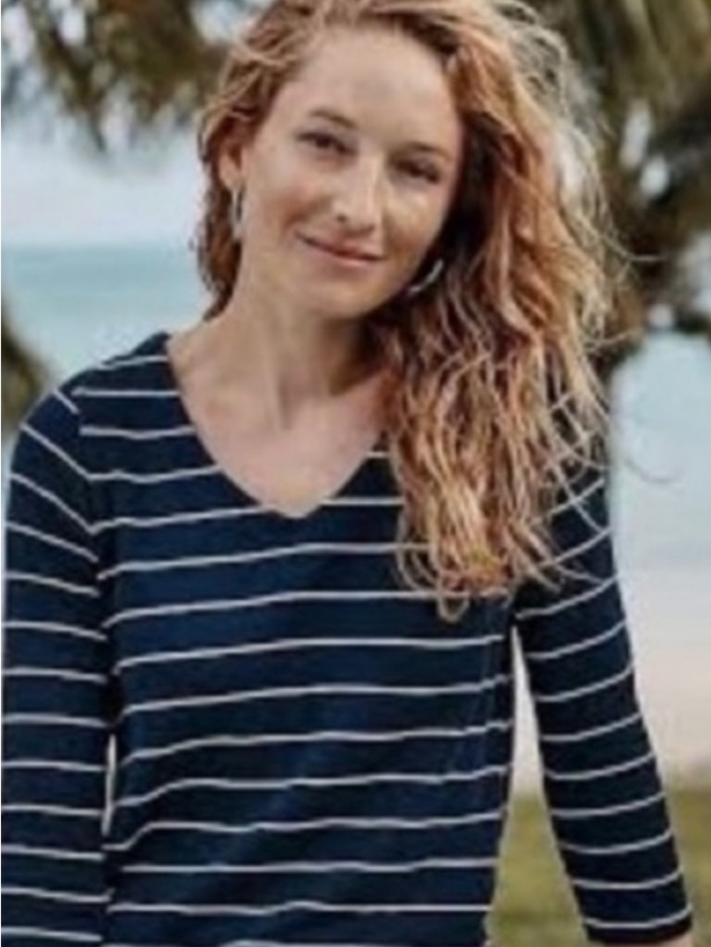 J. Jill Pima Cotton 3/4 Sleeve Navy Striped V-Neck Women's Top